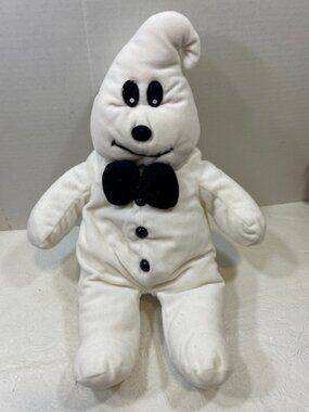 White Plush Ghost Black Bow Tie Stitched Smile Halloween Soft Stuffed Toy 16"